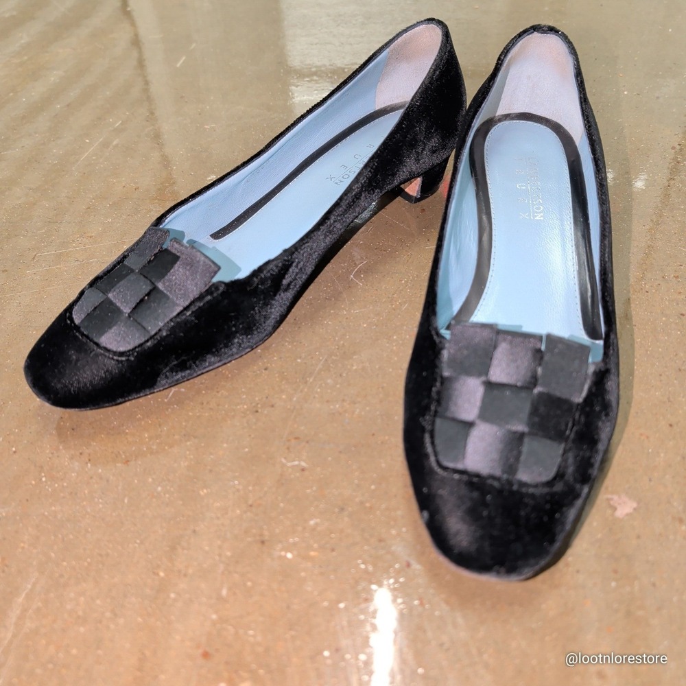 Lambertson Truex Size 38 Women Black Velvet Woven Square Toe Kitten Heel Pumps